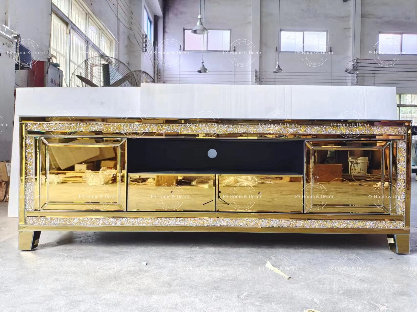 Mirrored Gold Crushed Diamond TV Console with Mirrored Top