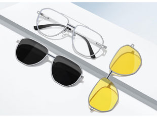 Silver metal magnetic clip-on glasses with detachable sunglasses clips and yellow tinted clip lenses