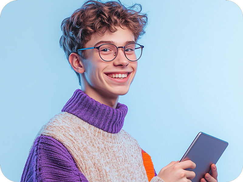 A man holding a book wear eyeglasses smiles