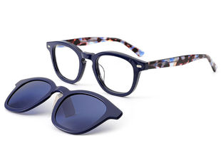 Blue marble acetate magnetic clip-on glasses with detachable blue-tinted sun lenses