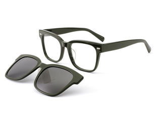 Olive green acetate magnetic clip-on glasses with detachable dark sun clips