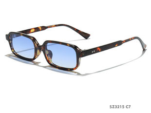 Y2K narrow rectangle tortoise sunglasses with blue tint lens, fashion wholesale bulk OEM.