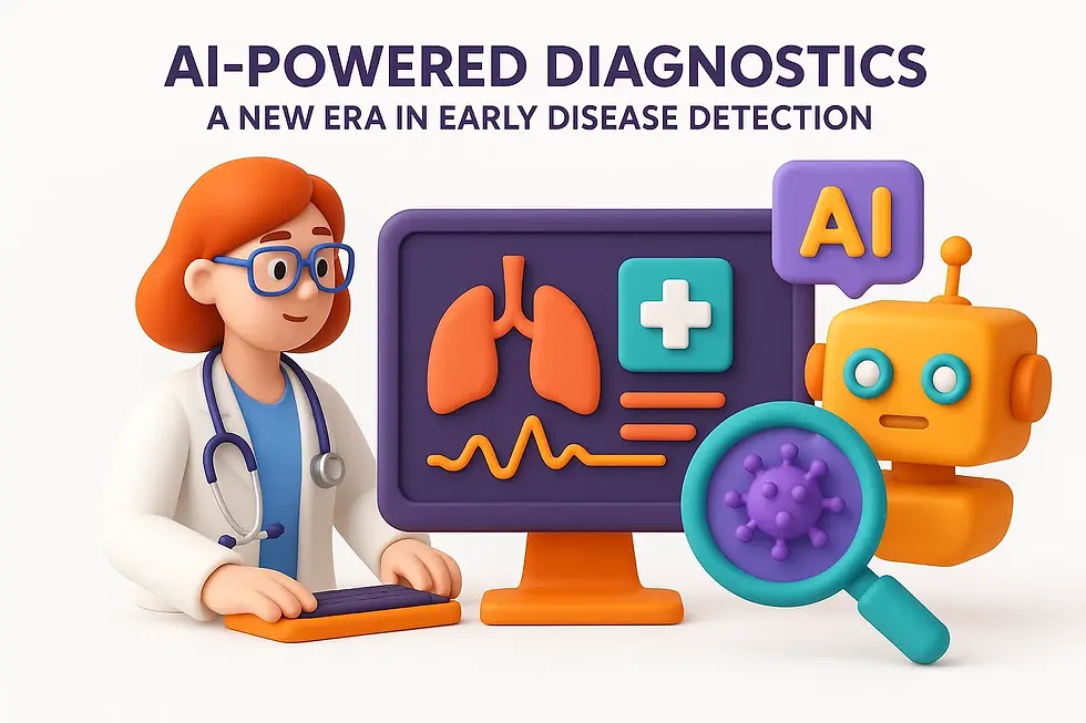 Doctor and robot with a monitor display medical icons. Text: "AI-POWERED DIAGNOSTICS: A NEW ERA IN EARLY DISEASE DETECTION." Bright and tech-focused.