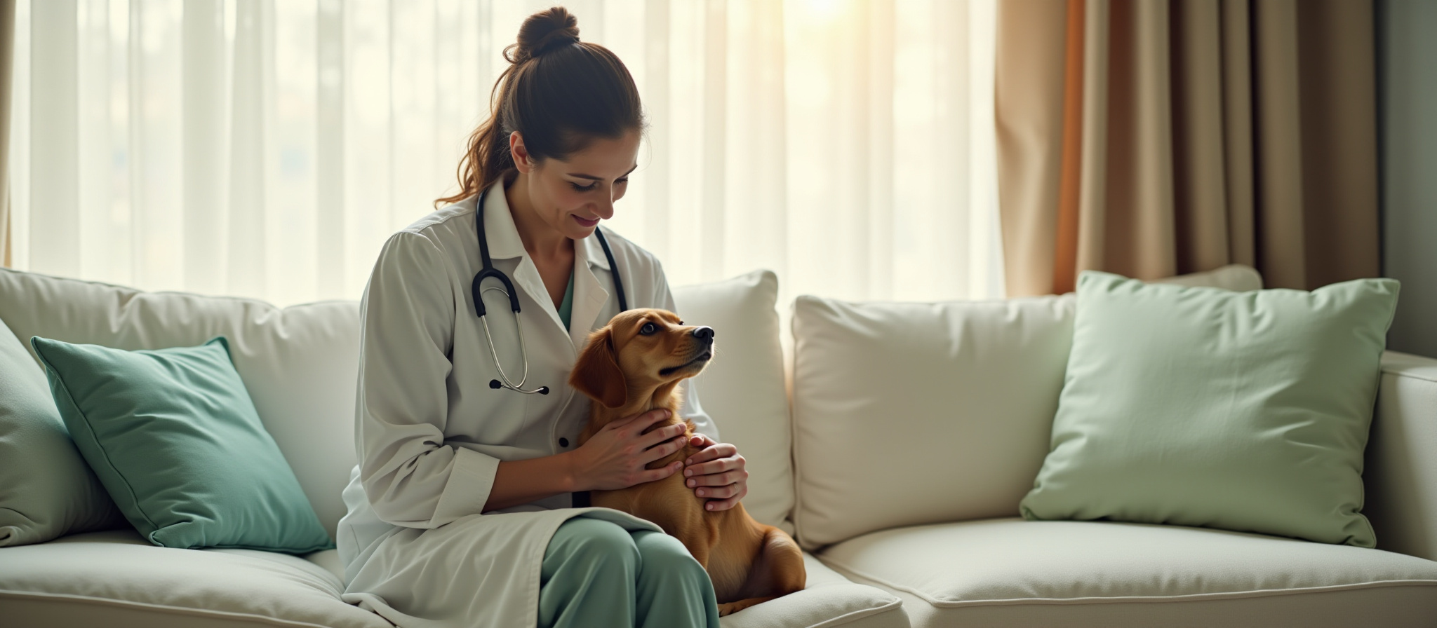 Female veterinarian petting a small dog on a sofa