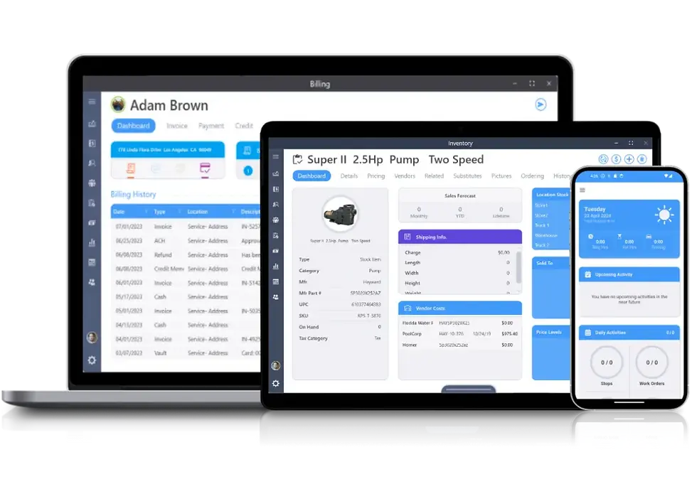 Close-up view of a pool service technician updating job status on a mobile device