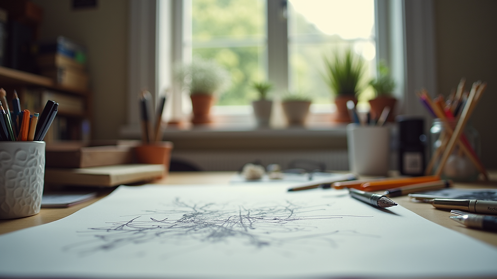 Eye-level view of a creative workspace filled with art supplies and sketches