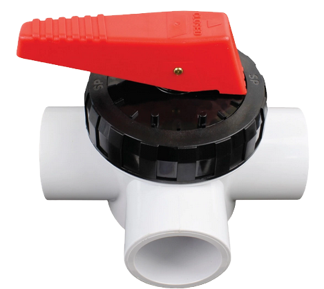 Red-handled valve on white plumbing, SPARE PARTS, used in pool systems.