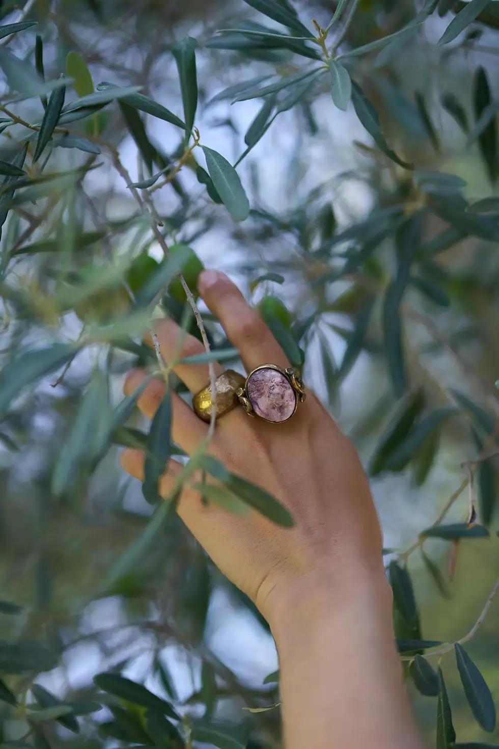 Thumbnail: Raw Purple Quartz Ring Bronze Gemstone Jewelry
