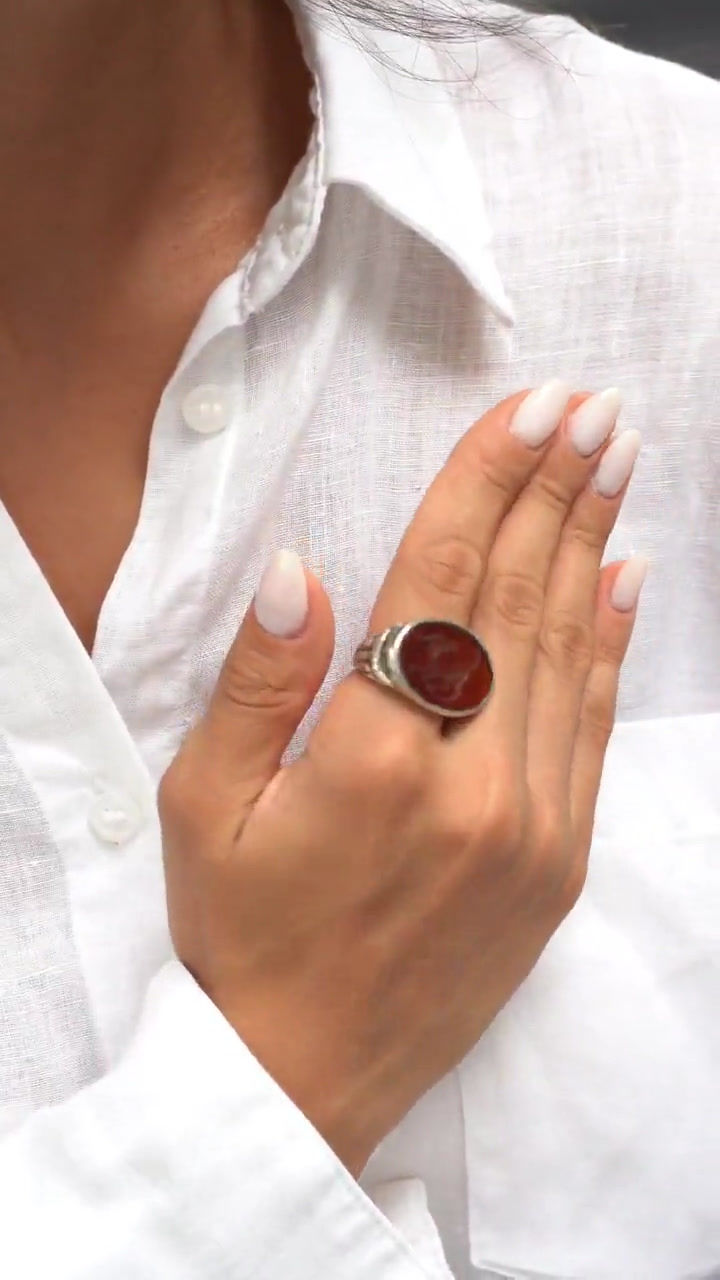 Thumbnail: Agate Silver Roman Ring – Handmade Cast Hammered Jewelry