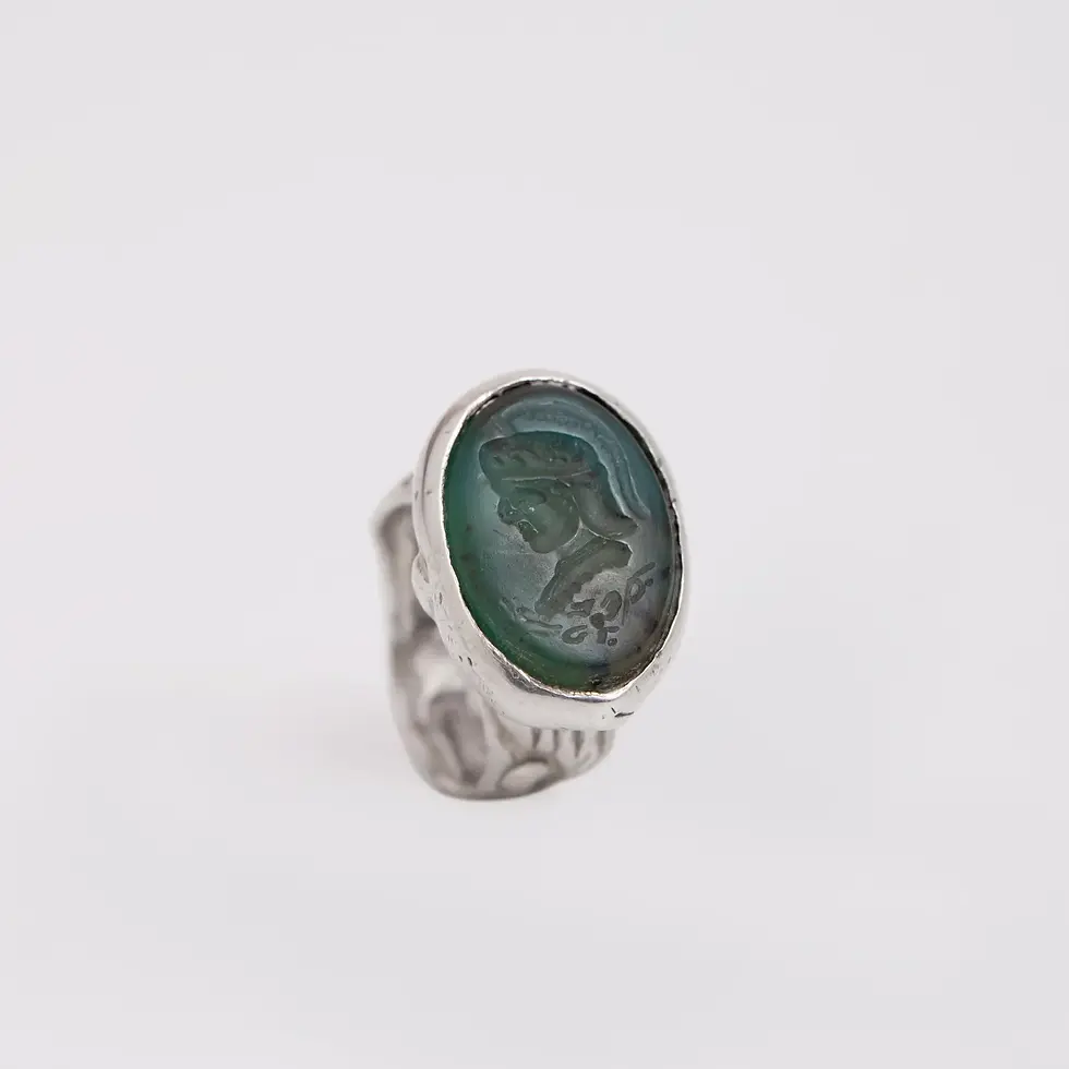 Green Agate Silver Ring – Handmade Roman Vax Cast Intaglio Ring