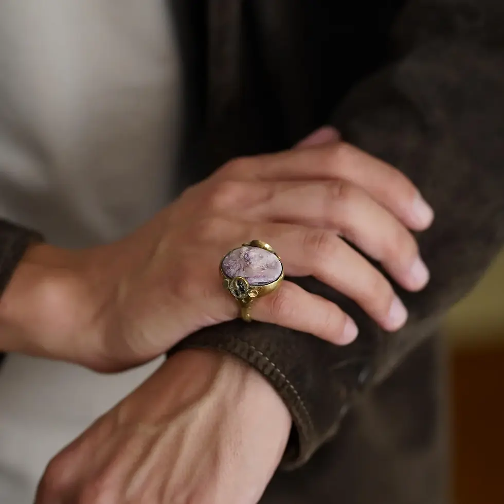 Thumbnail: Raw Purple Quartz Ring Bronze Gemstone Jewelry
