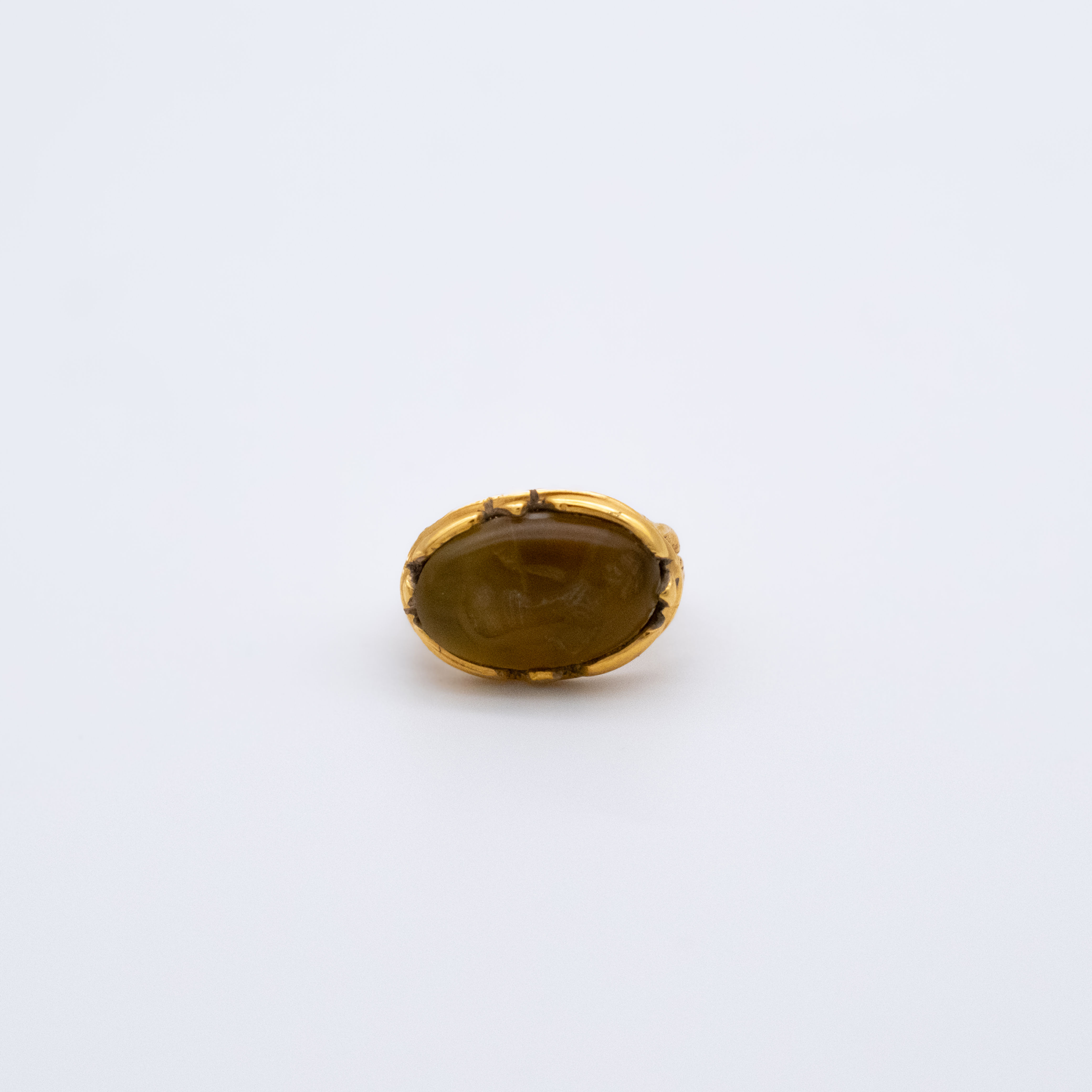 Yellow Agate Portrait Ring, Gold Plated Bronze Signet, Intaglio Handmade Jewelry
