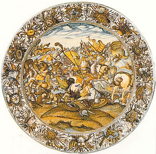 Grande piatto in ceramica con scena di battaglia opera di FRancesco Grue - Sec. XVII, Large ceramic plate with battle scene by Francesco Grue - Sec. XVII, Großer Keramikteller mit Schlachtszene von Francesco Grue – Sec. XVII, 