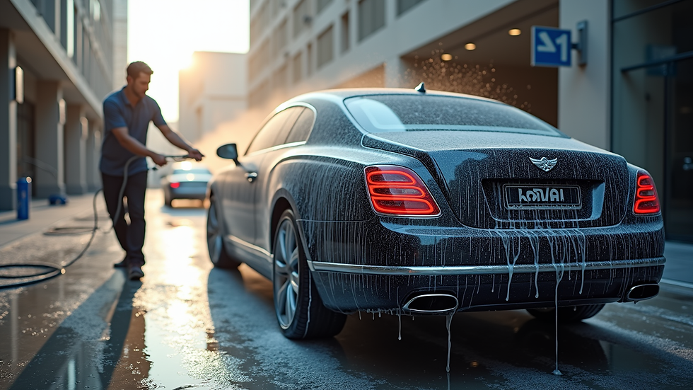 Close-up view of luxury car being hand-washed in Dubai