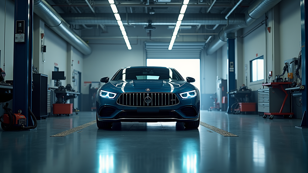 Eye-level view of a luxury car service center with advanced diagnostic equipment