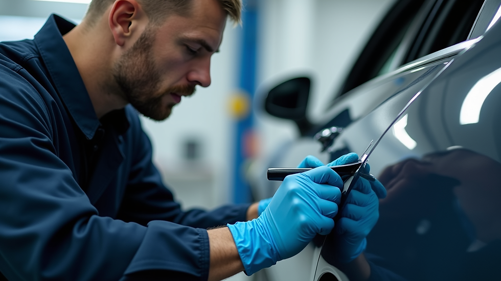 High angle view of a technician applying paint protection film on a car door