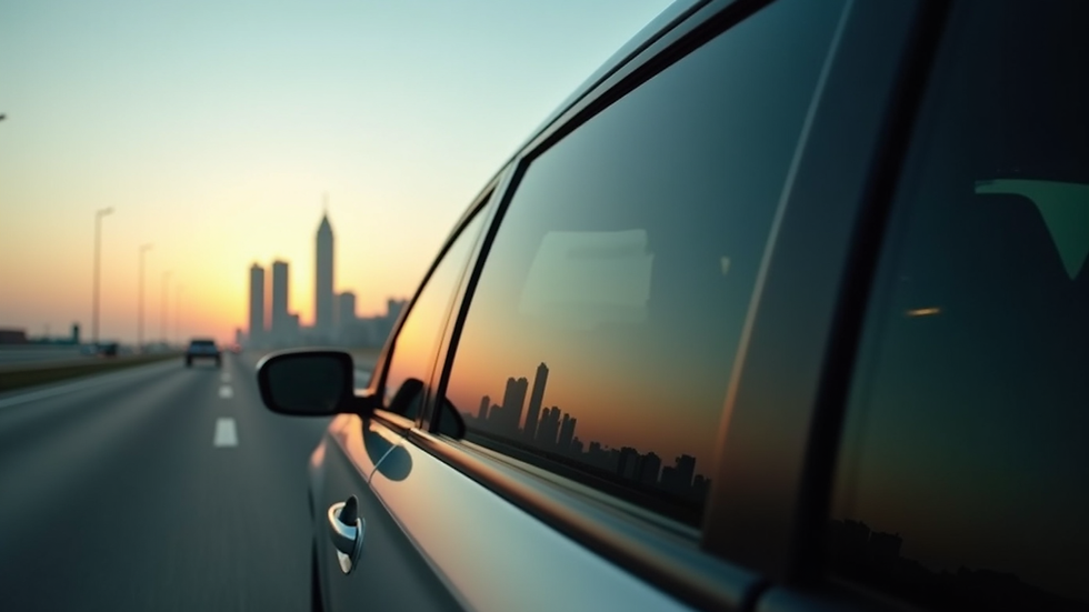 Close-up view of a car window with dark tint reflecting Dubai skyline