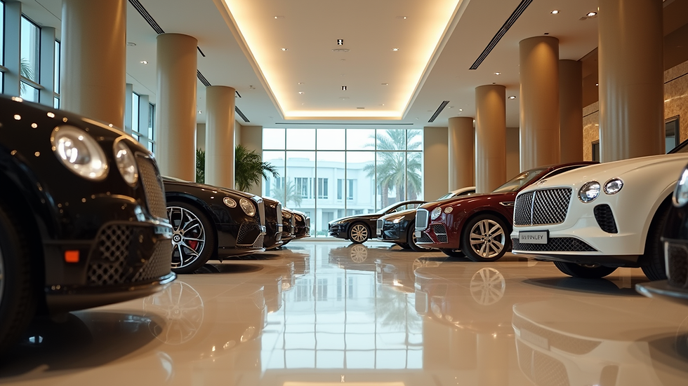 Eye-level view of Bentley showroom in Dubai with luxury cars on display