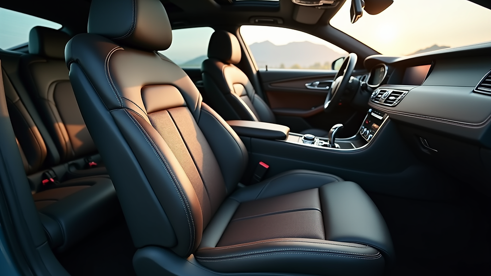 High angle view of luxury car interior showing detailed upholstery work