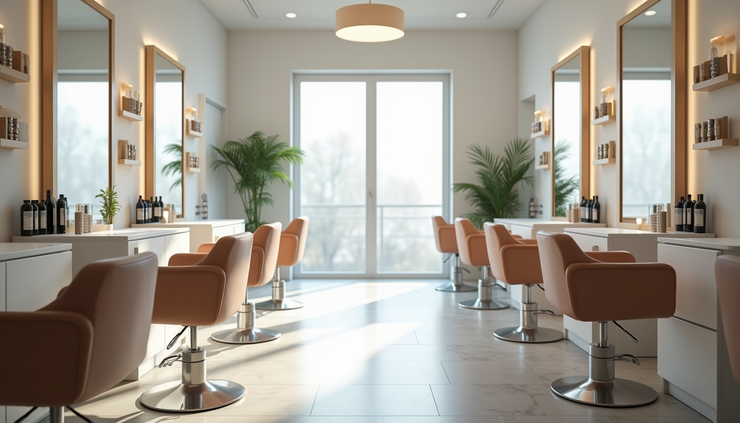 Eye-level view of a modern beauty parlour interior with styling chairs and mirrors