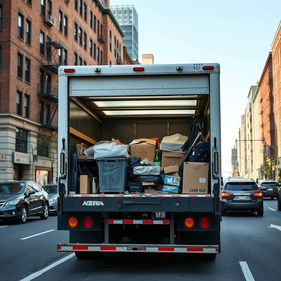 back view of junk removal truck outside real new york city apartment on a busy city traffi