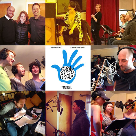 A collage of eight photographs featuring the cast of the 2015 Studio Cast Album of Show Choir! - The Musical in rehearsals and in the recording studio.