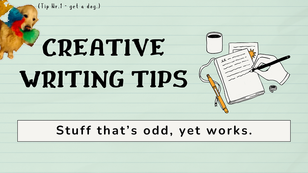 Creative writing tips. A picture of a golden retriever holding a duster in his mouth.