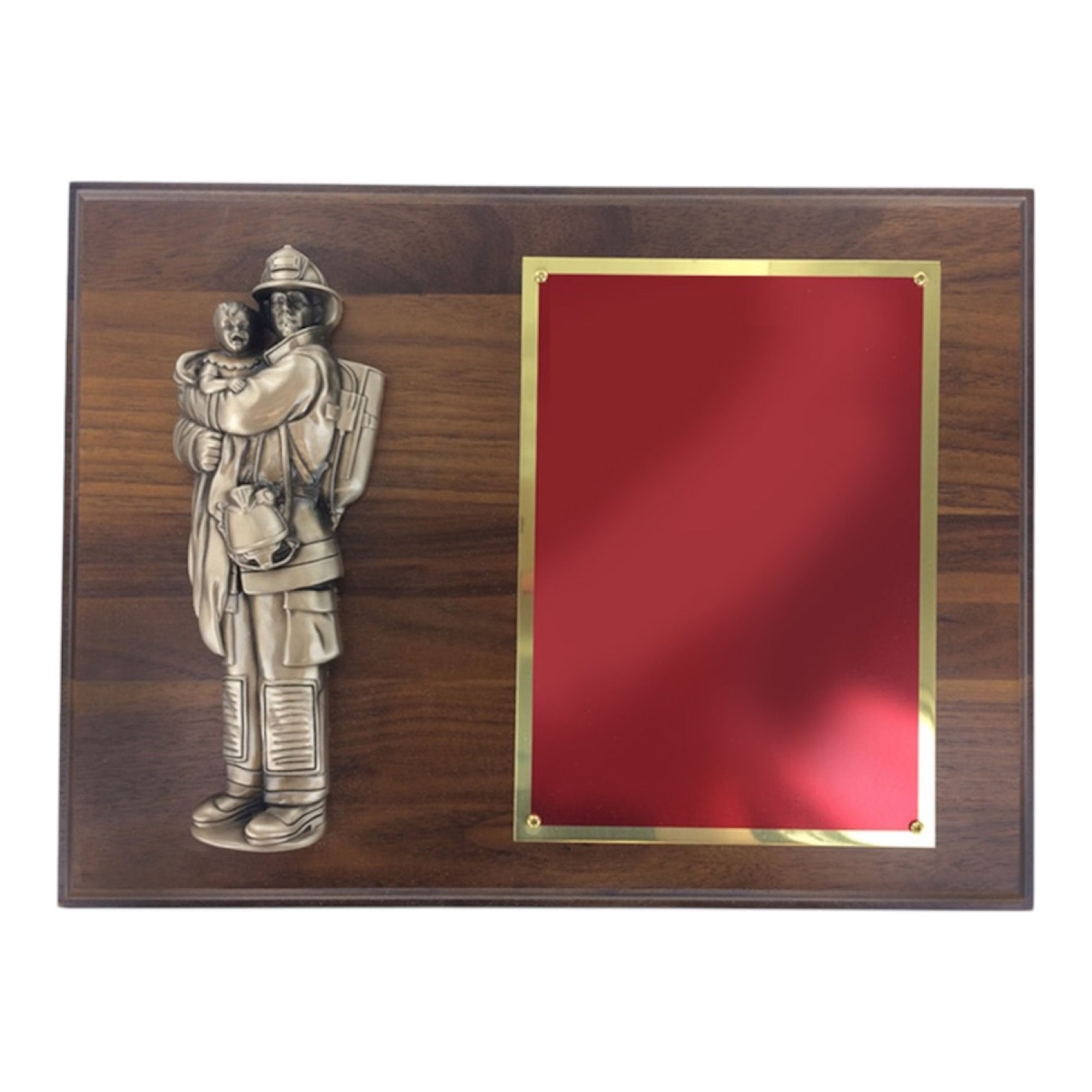 9” x 12” Firefighter Holding Child Walnut Plaque