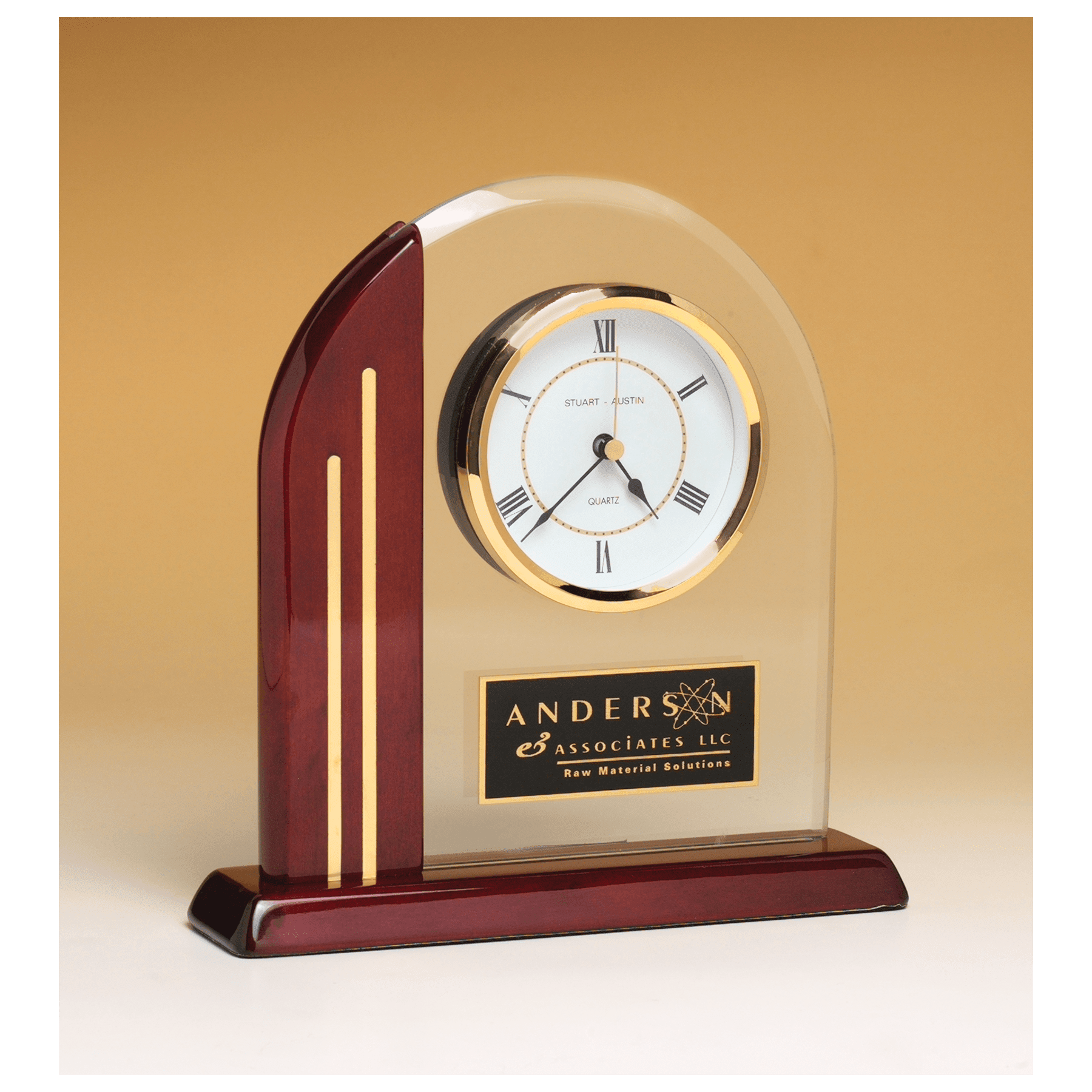 7.5” x 7.875” Arch Clock with Glass Upright and Rosewood Piano Finish Base