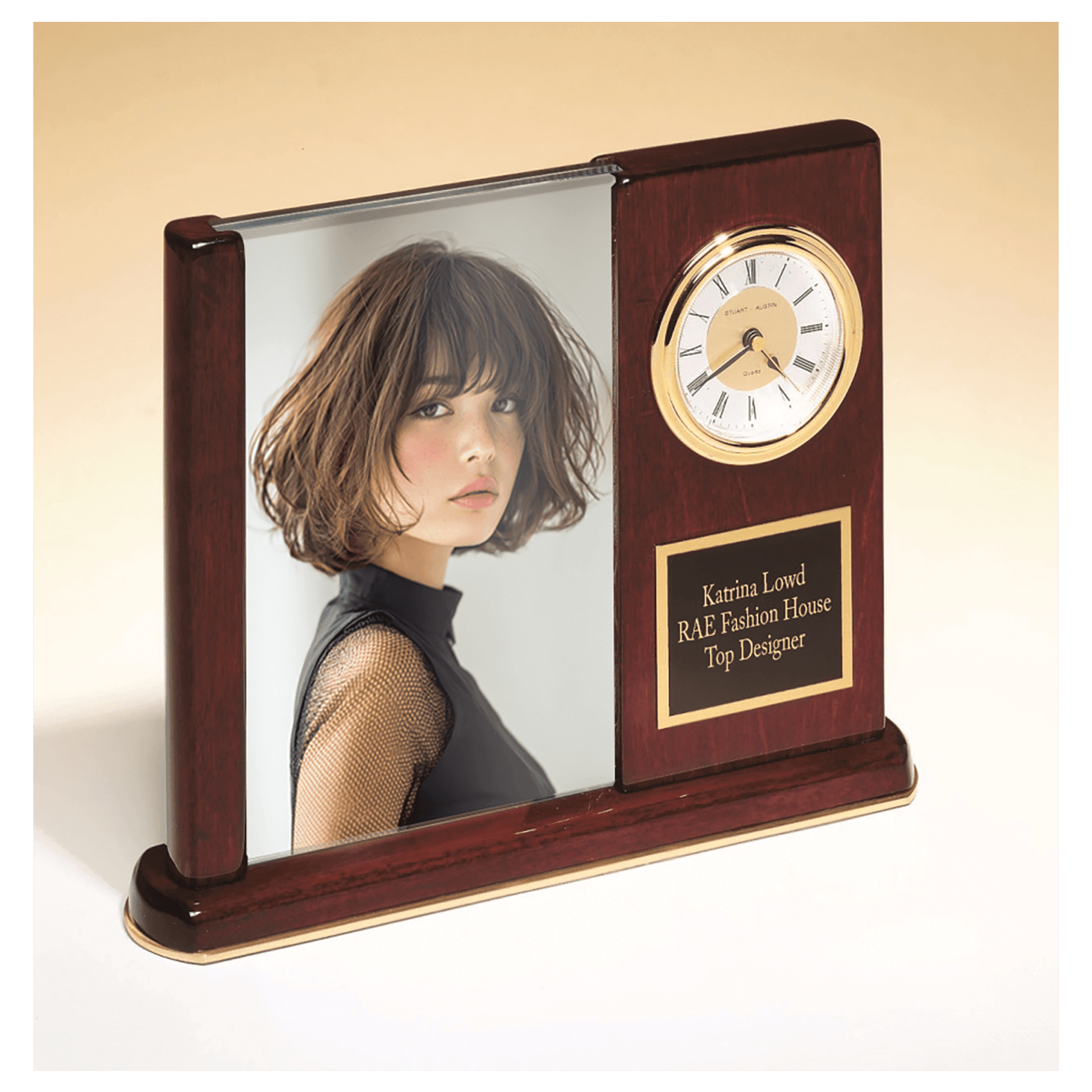 6.75” x 8.5” Rosewood Piano Finish Clock with Glass Picture Frame and Black Plat