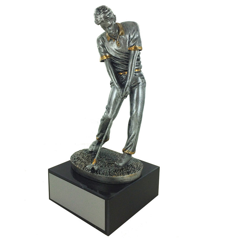 Thumbnail: 10.5” Antique Silver Male Golfer Trophy on Black Marble Base