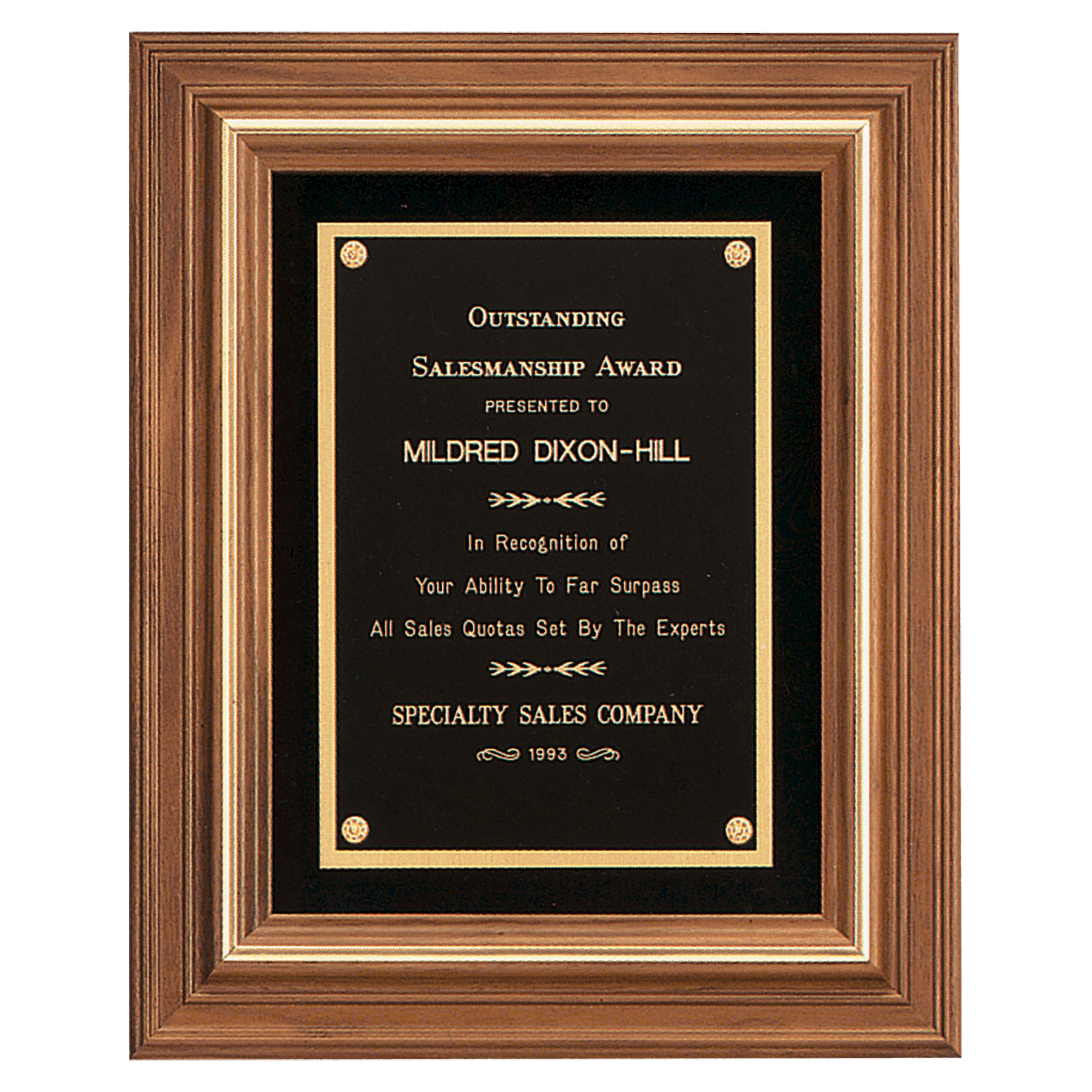 Walnut Framed Plaque with Gold Trim, Black Velour & Black Brass Plate