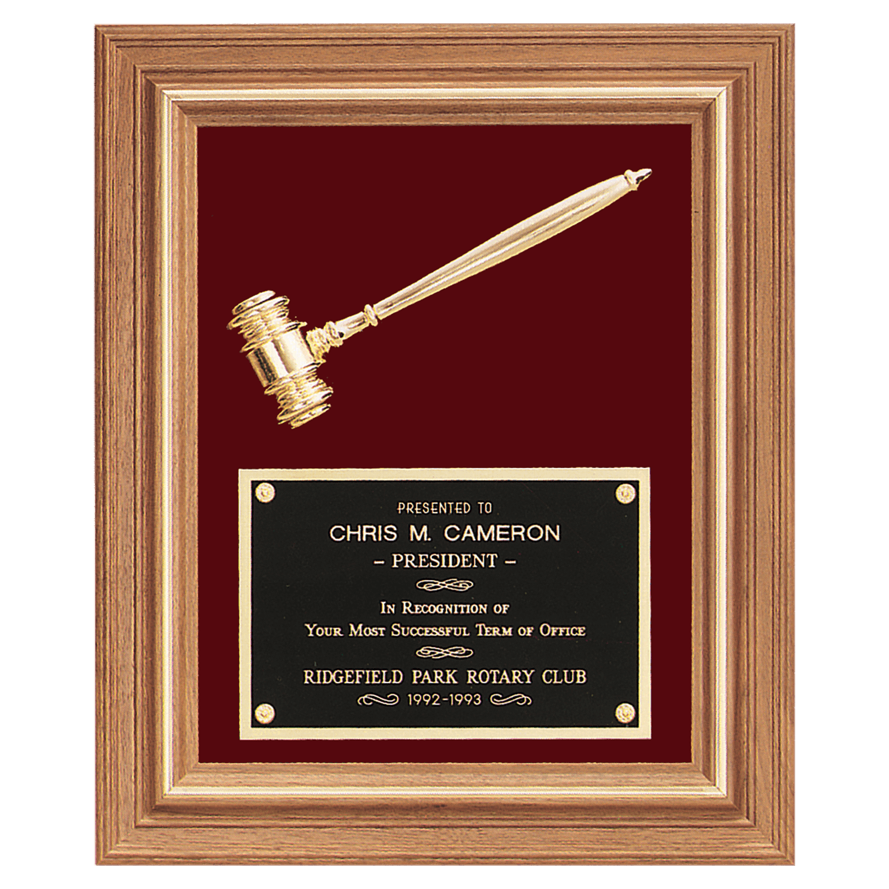 15” x 18” Gold Gavel in Walnut Frame with Black or Maroon Velour & Plate
