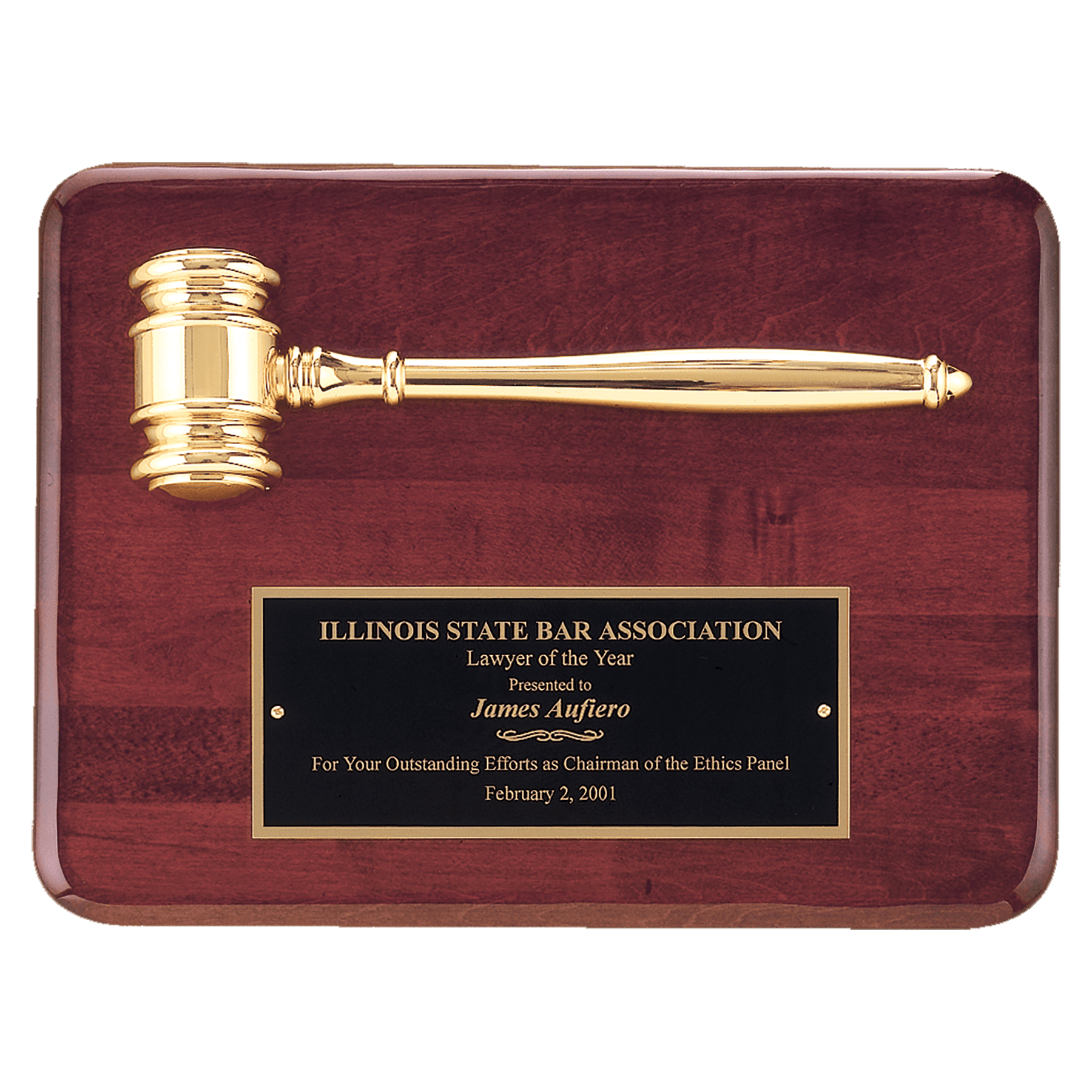 9” x 12” Rosewood Piano Finish Plaque with Gold Gavel & Black Plate