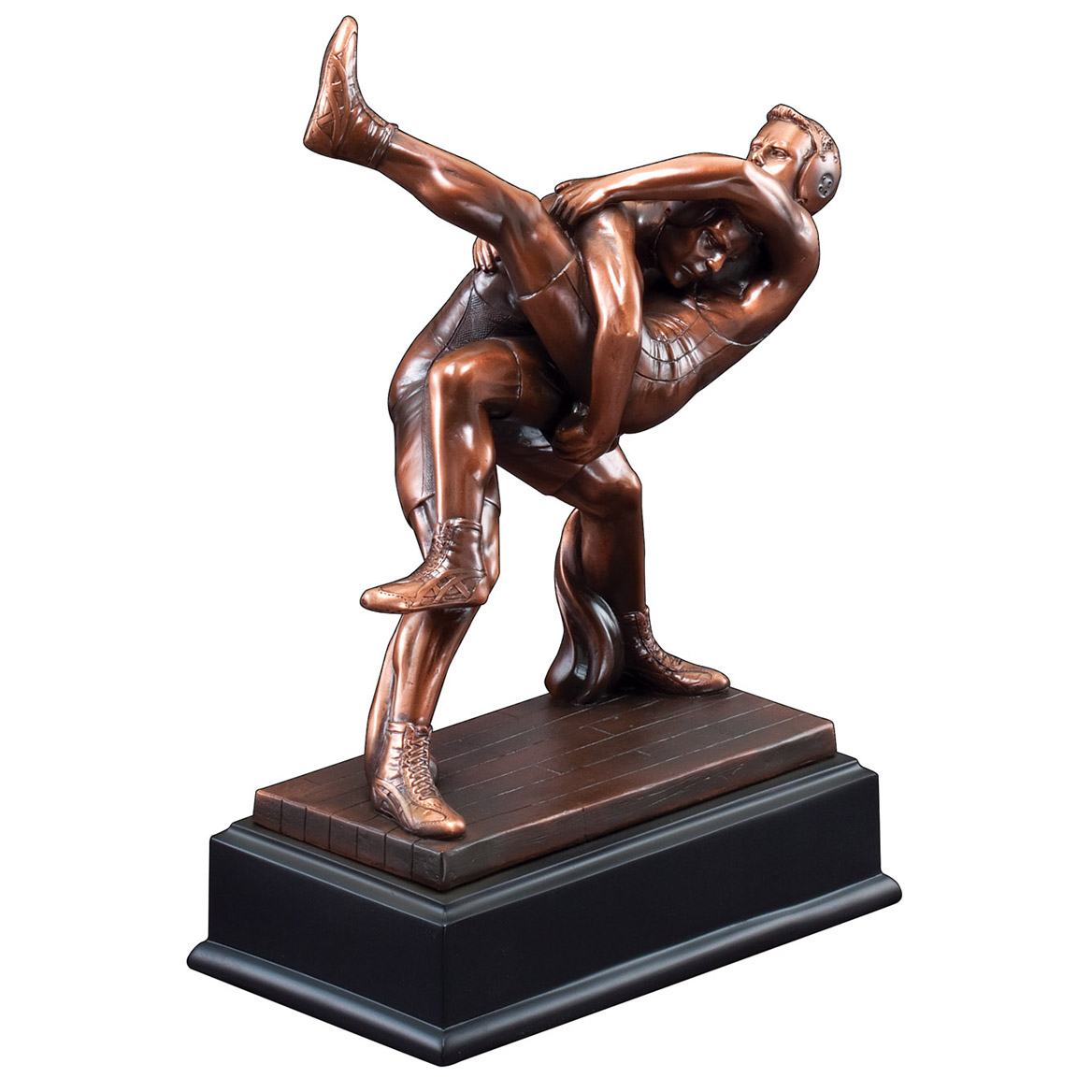 10” Antique Bronze Electroplated Wrestler Trophy on Black Wood Base