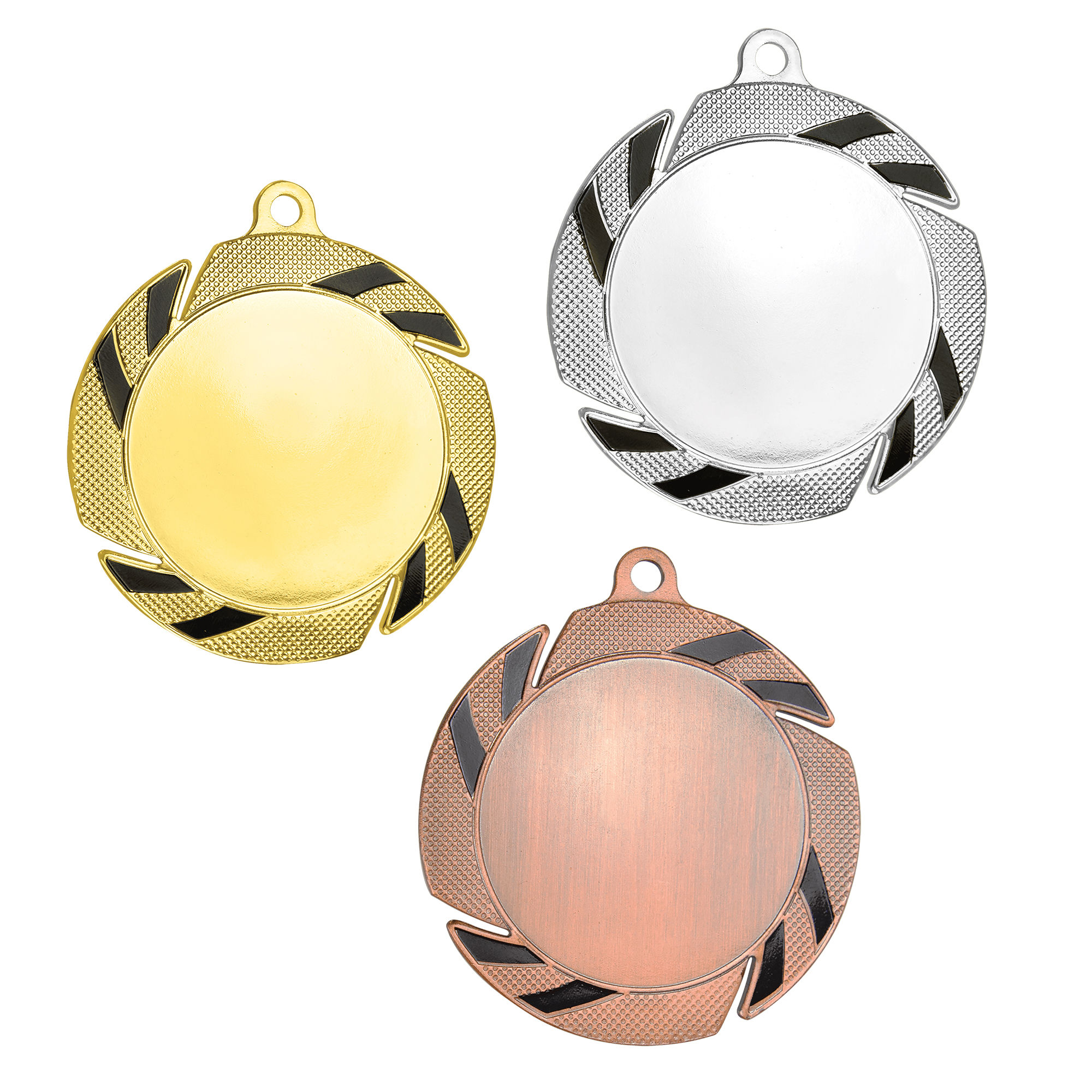 2 3/4” Gold/Black, Silver/Black or Bronze/Black 2” Insert Medal Holder w/ Ribbon