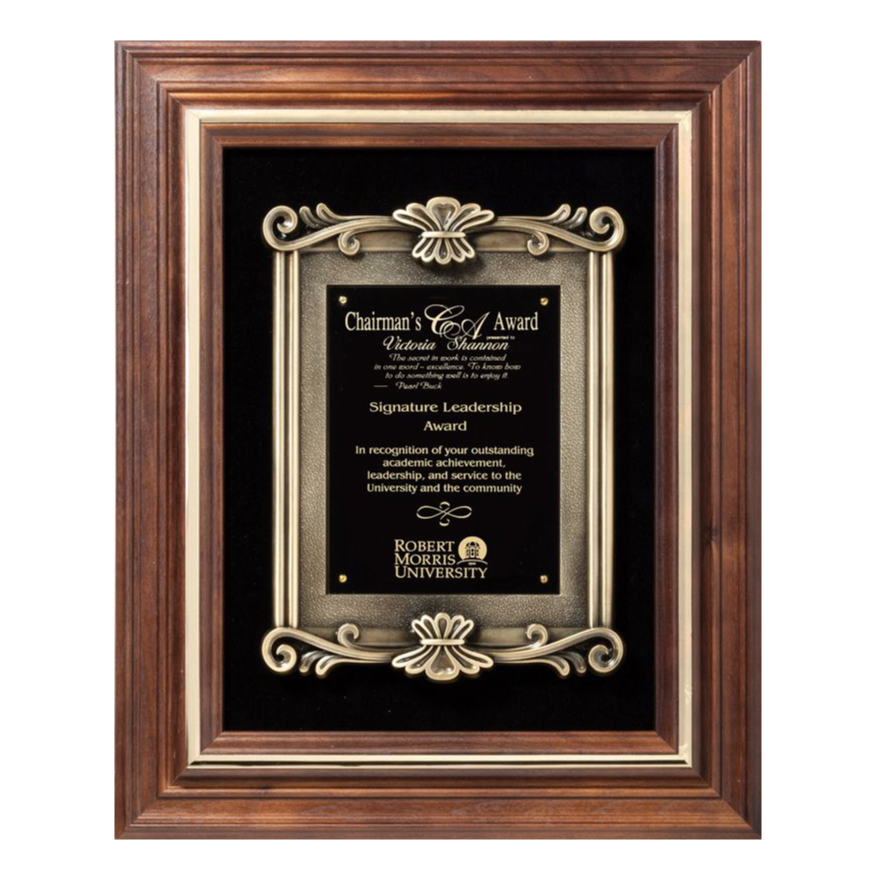 Barhill Genuine Walnut Frame Plaque with Ornate Die-Cast Mount | 2 Sizes