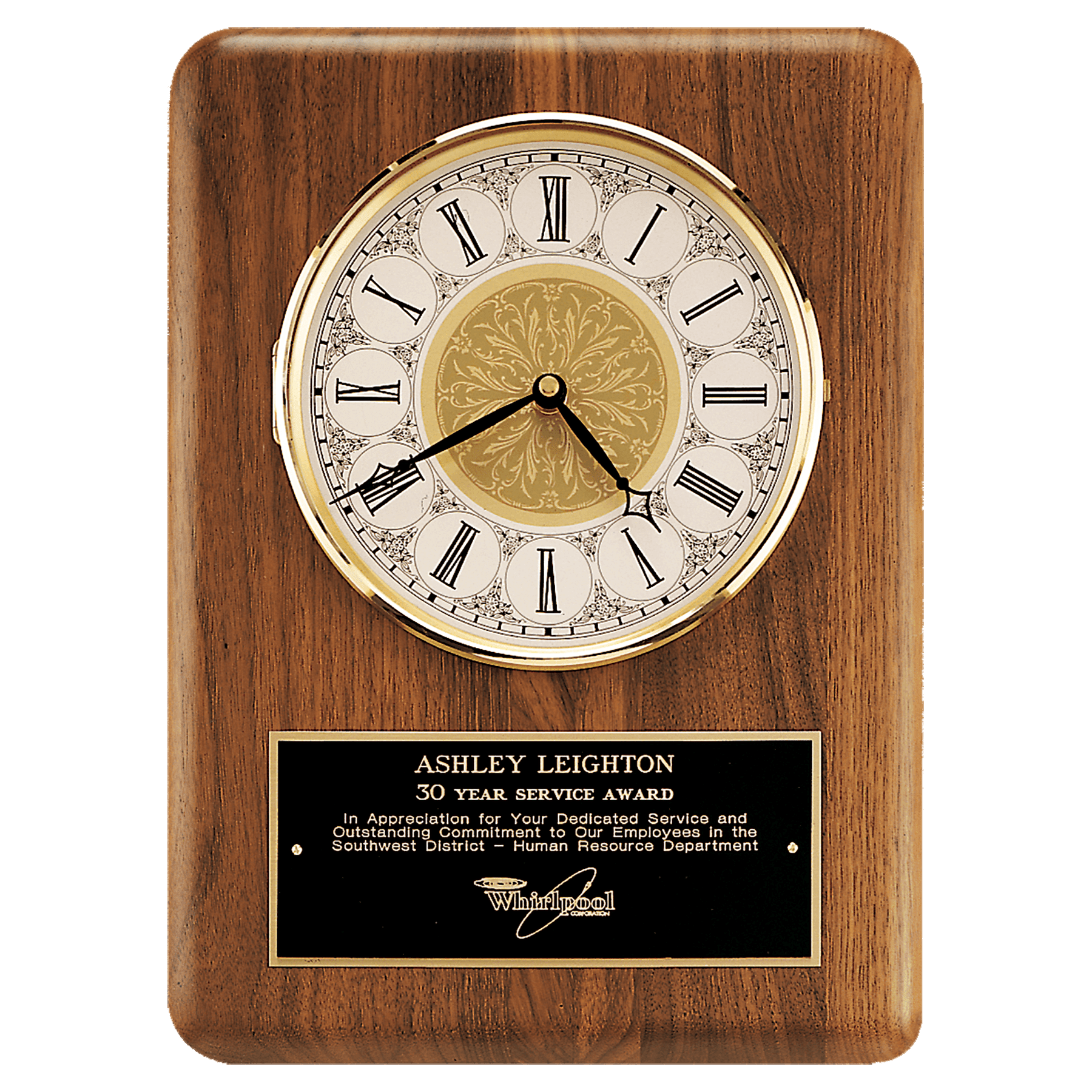 11” x 15” American Walnut Clock with Brass Bezel, Glass Lens, Ivory Dial