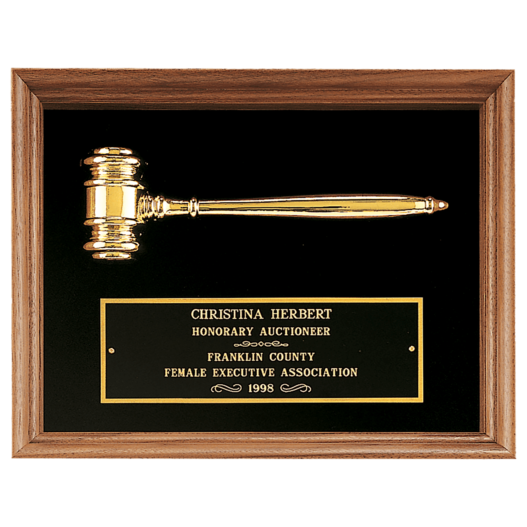 10” x 13” Gold Gavel in Walnut Frame with Black or Maroon Velour & Plate