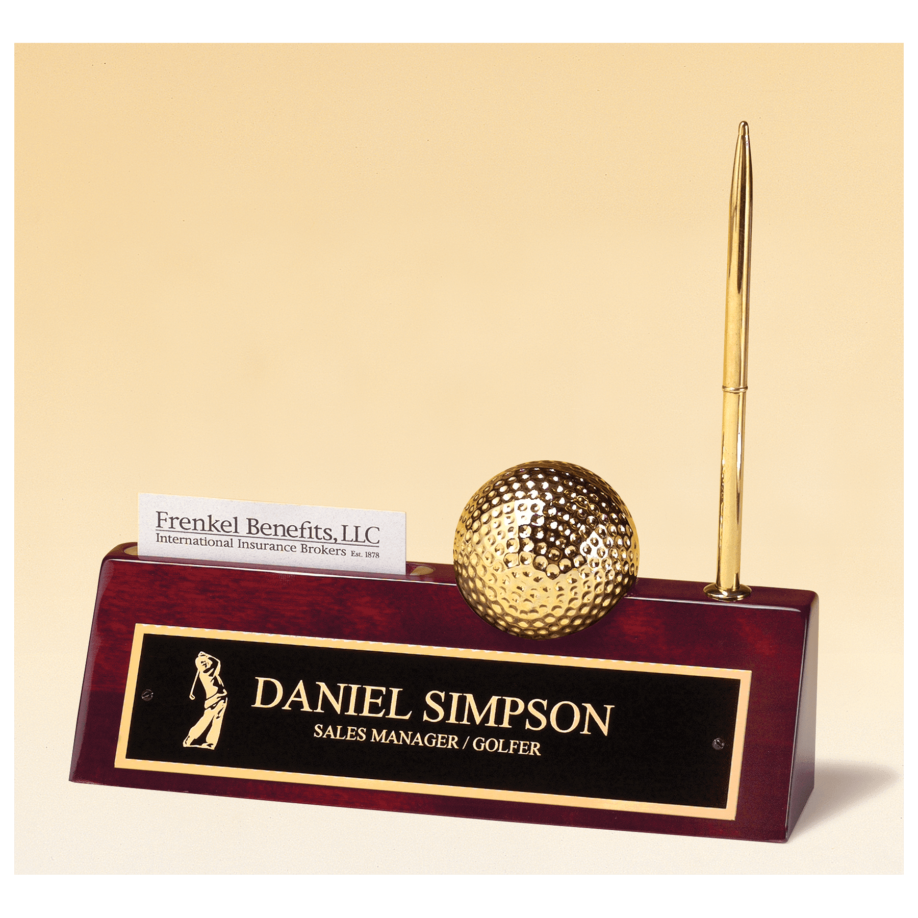9” x 9” x 2.25” Gold Golf Ball Clock on Rosewood Piano Nameplate with Pen