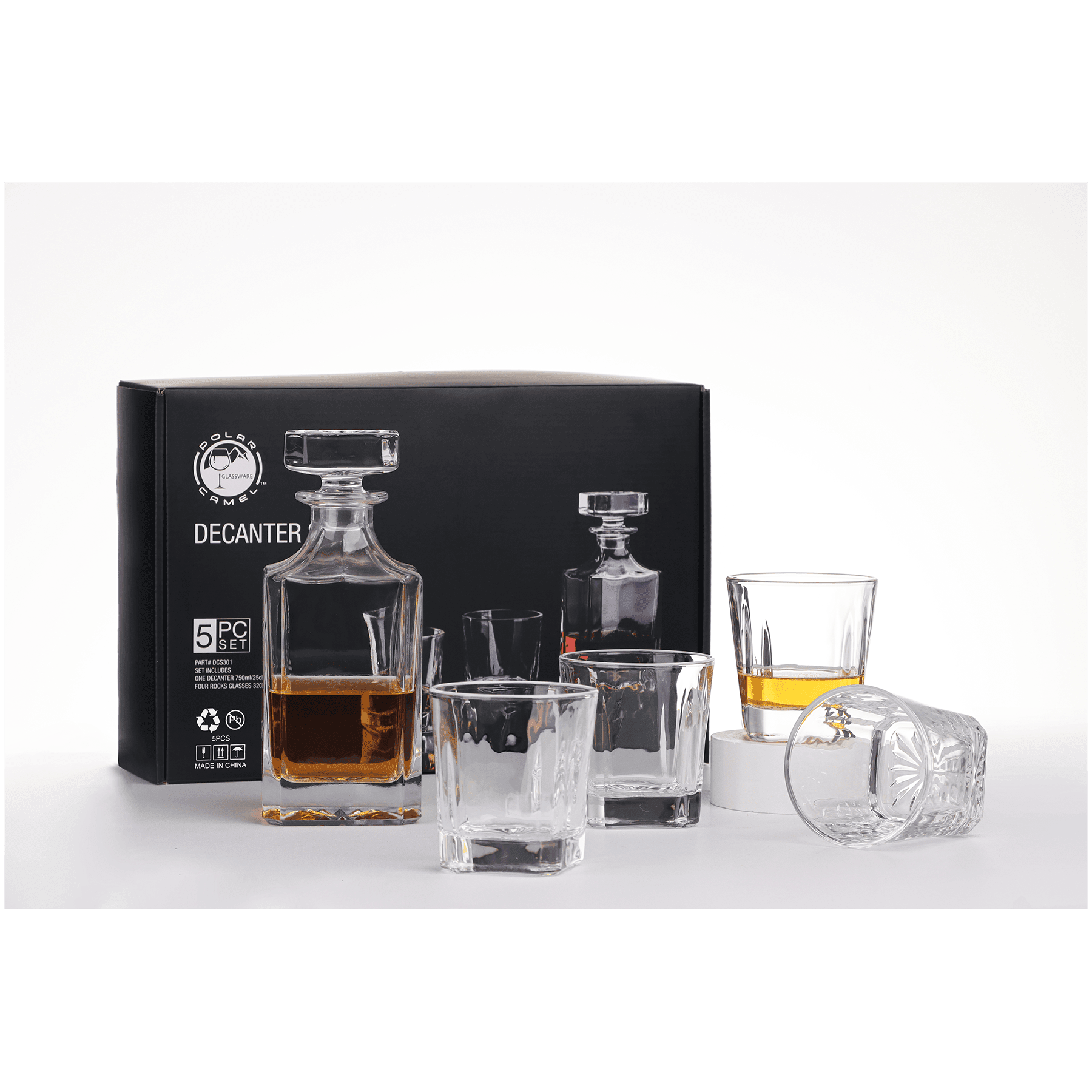 750 mL Square Glass Decanter Set with Four 11 oz. Rocks Glasses