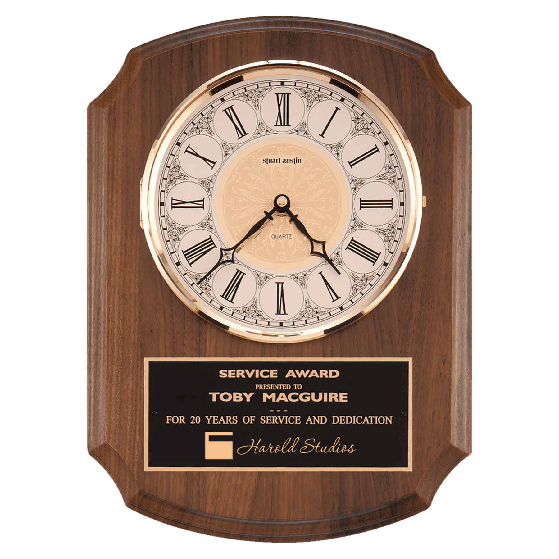 10.5” x 13” Walnut Quartz Clock, Brass Bezel, Glass Lens, Ivory Dial, Plate
