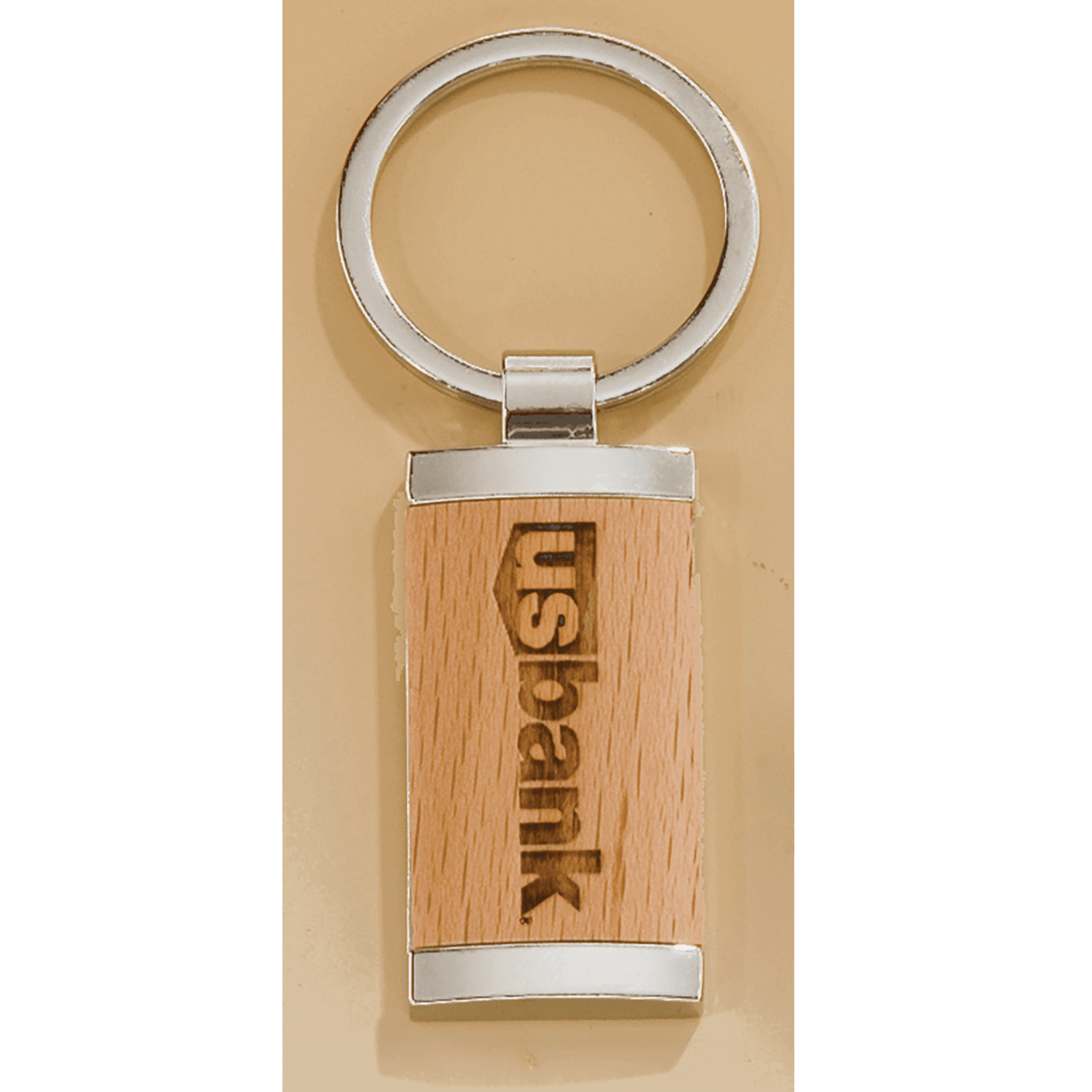 .875” x 1.25” Rectangle Silver Key Ring with Maplewood Insert