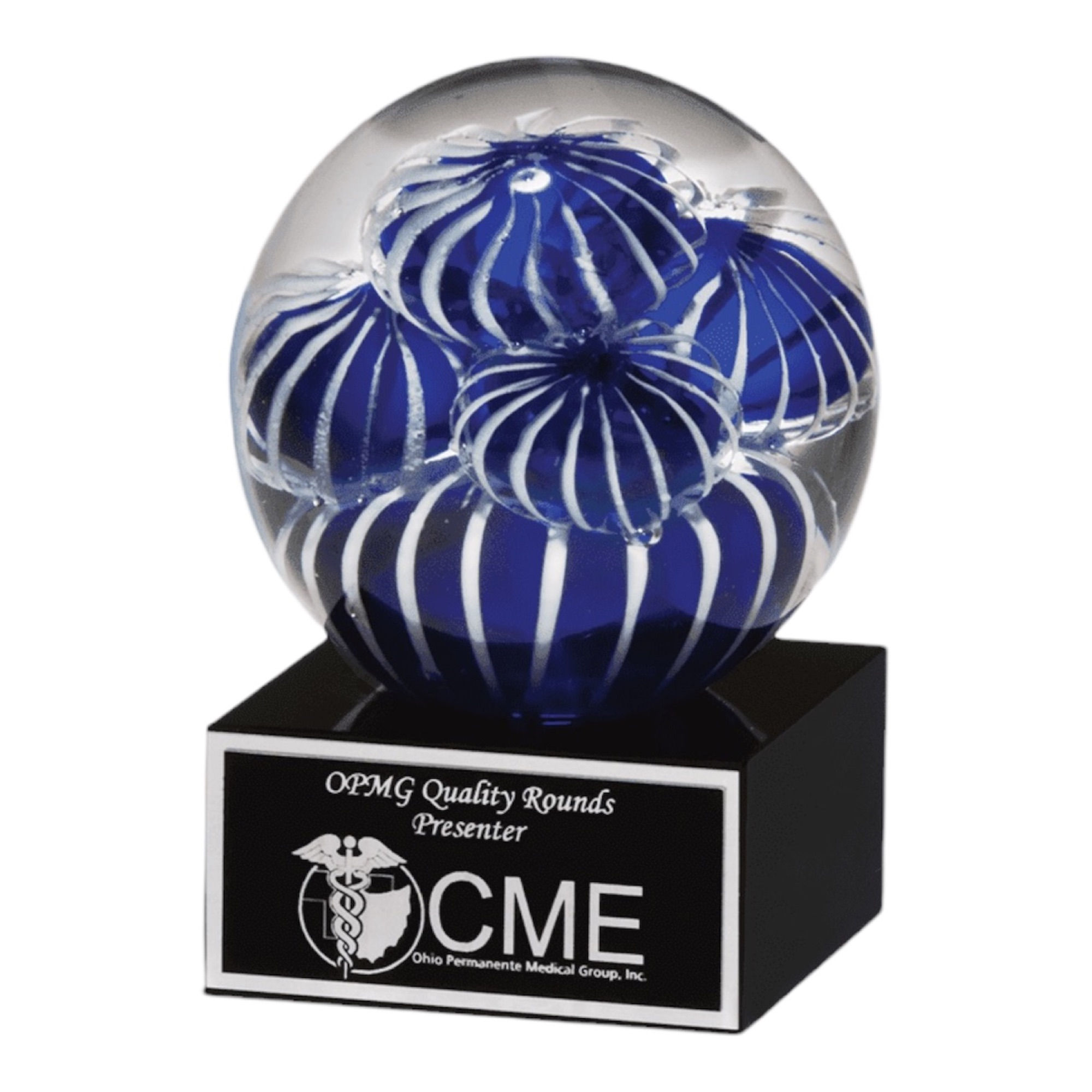 5” Blue White Globe Art Glass with Sea Anemone Design on Black Base & Plate