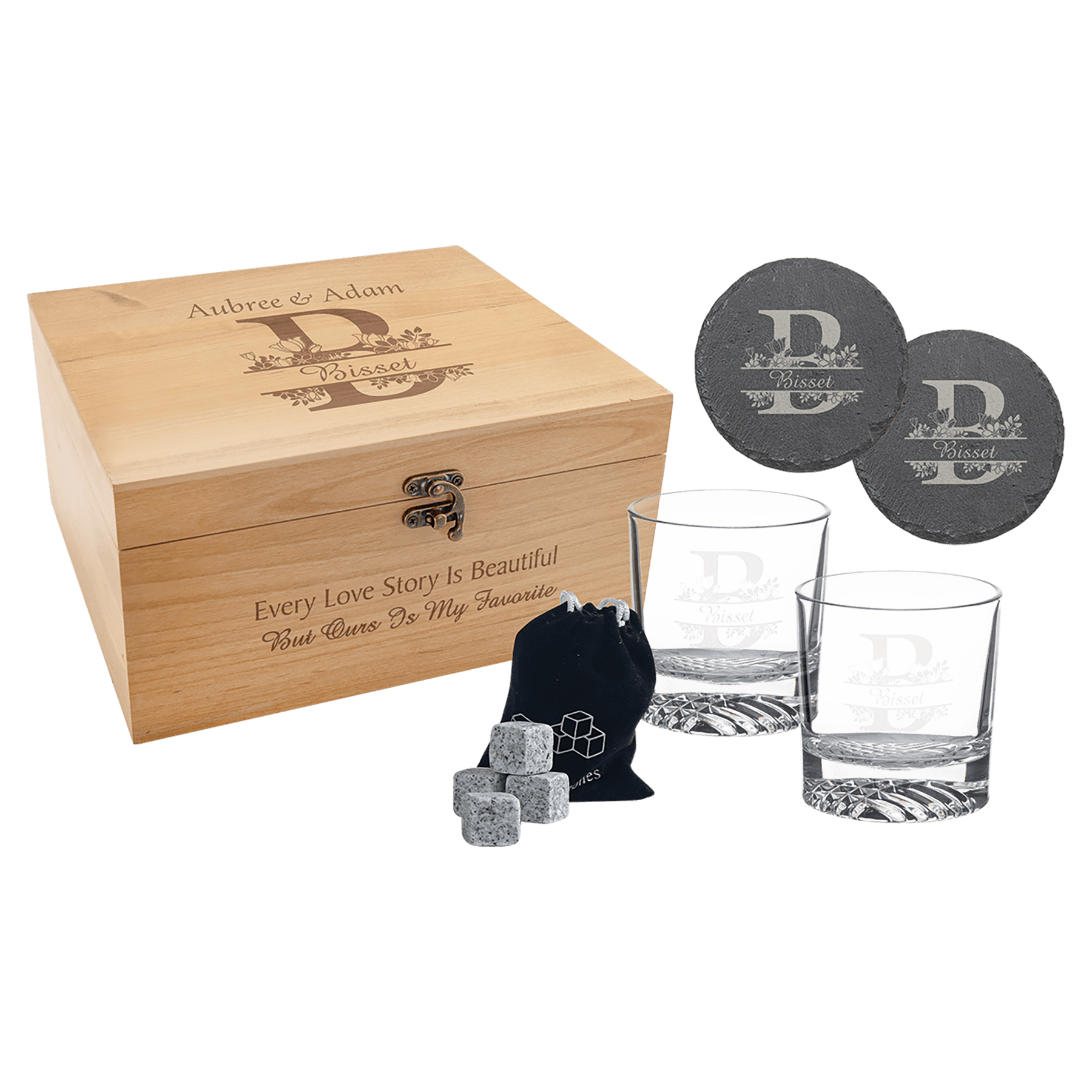 Red Alder Whiskey Gift Set with Glasses, Slate Coasters, and Whiskey Stones