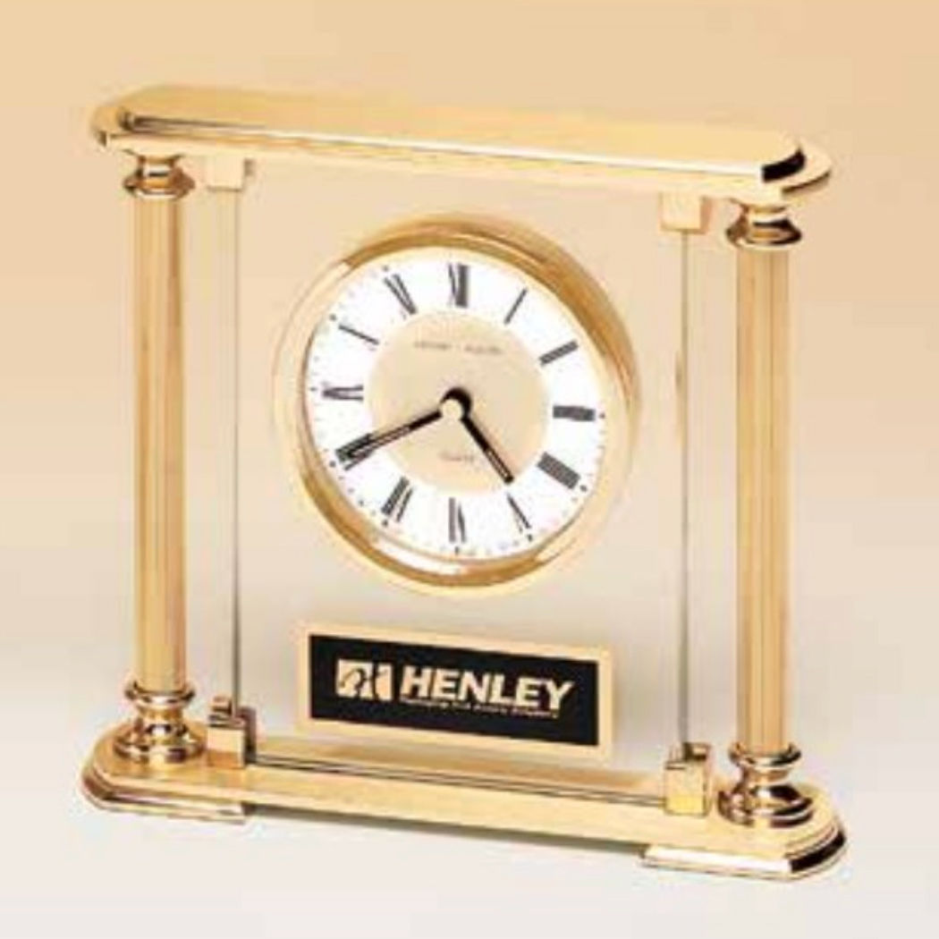 6.625” x 7.25” Glass Clock with Goldtone Columns and Black Plate