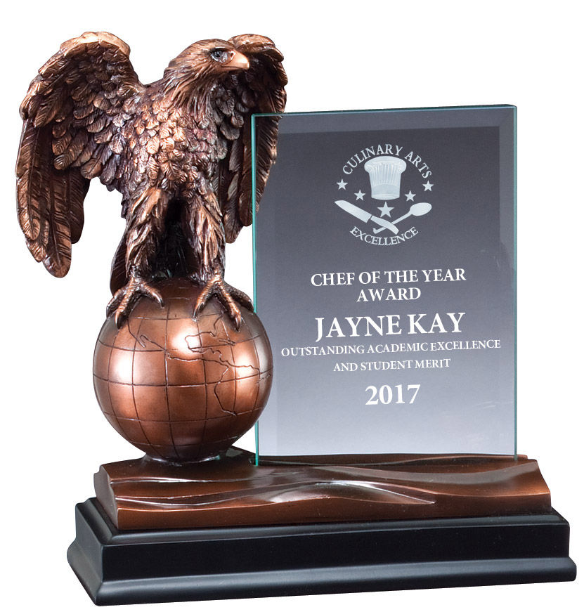 Thumbnail: 8” Electroplated Bronze Eagle on Globe with Glass Trophy