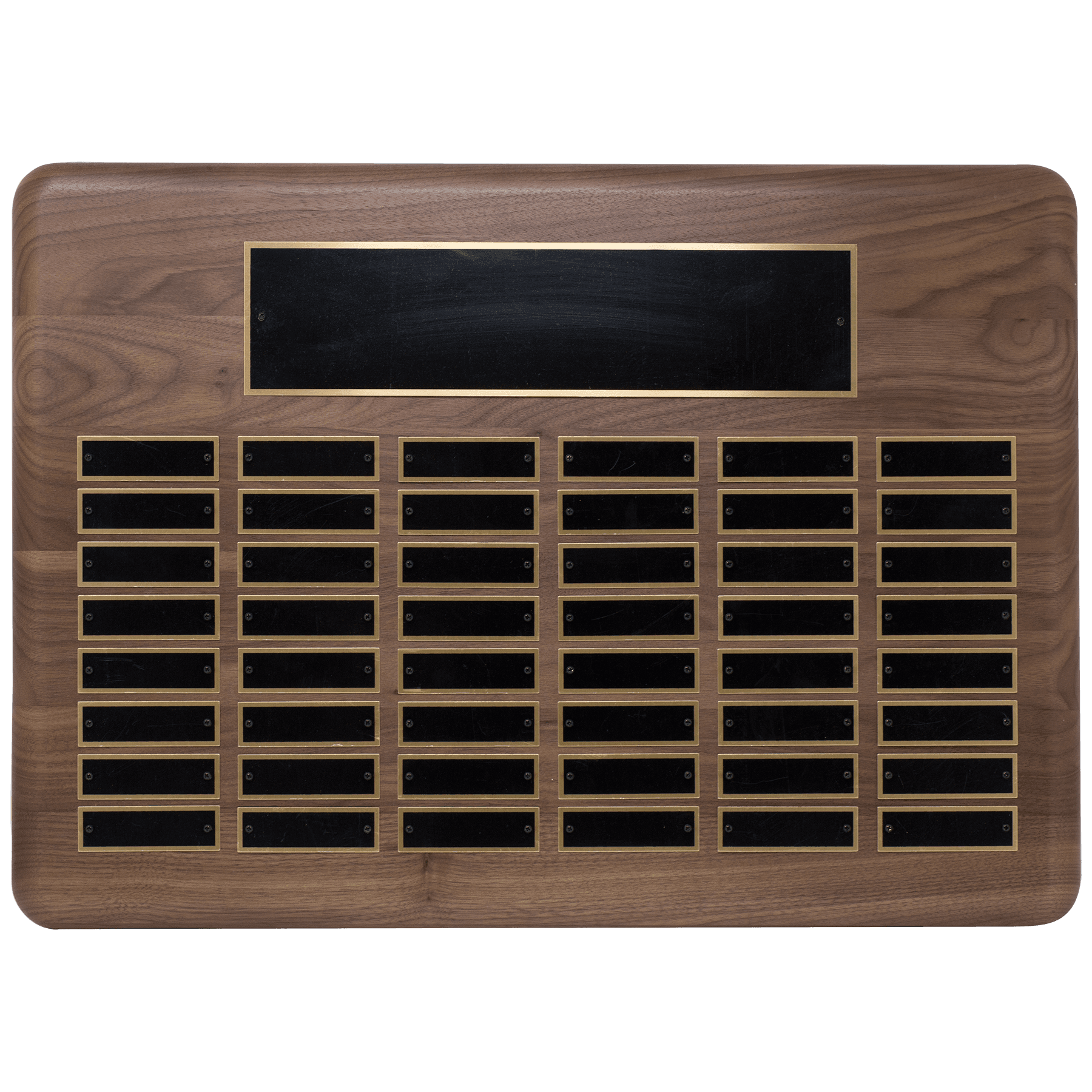 15” x 21” American Walnut Perpetual Plaque with 48 Black Brass Plates