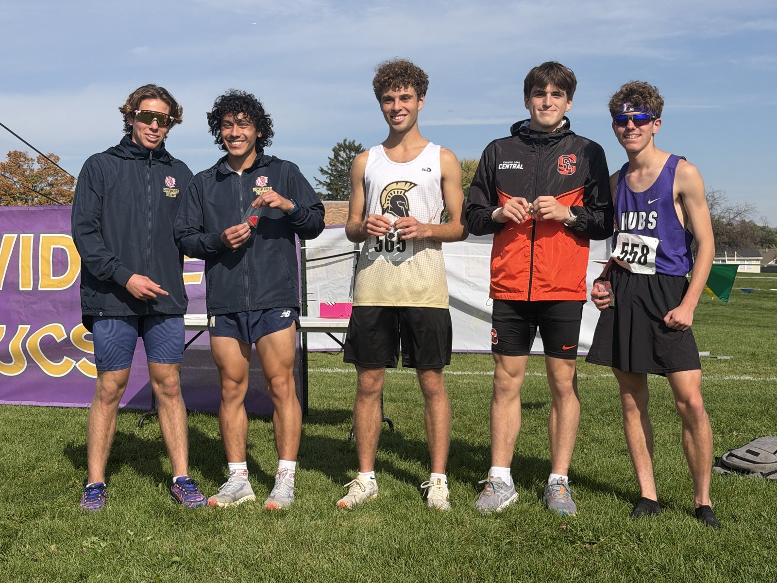 The five Class 2A Belvidere Regional individual medalists, with Hubs runner Tyler Johnson (bib 558) on the right