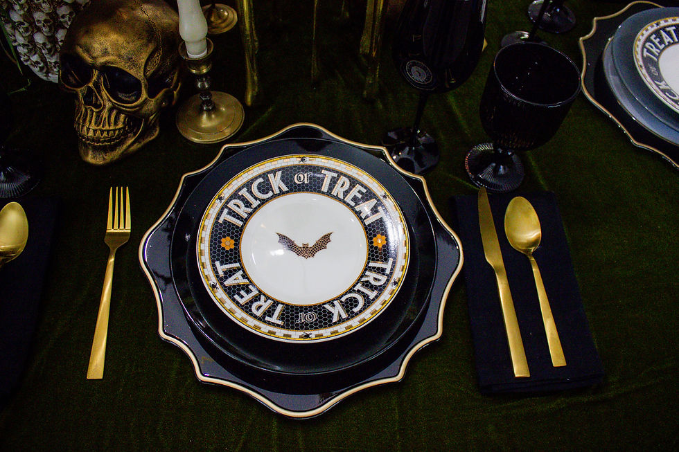 Flatware || Tablecloth || Charger Plate || Dinner Plate || Appetizer Plate || Wine Glass || Water Goblet || Black Cloth Napkin